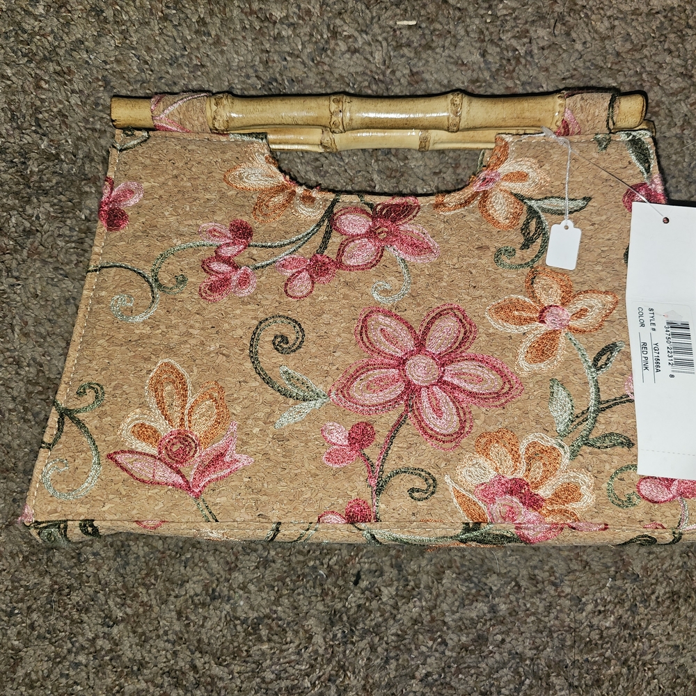 Floral Embroidered Handbag with Bamboo Handles
